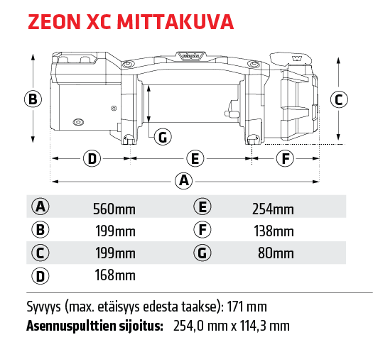 Warn ZEON XC sähkövinssin mittakuva
